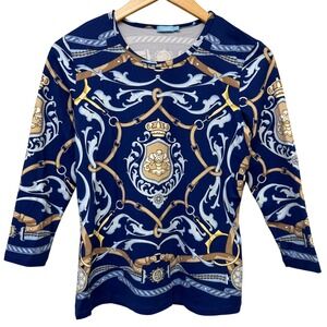 J. McLaughlin Top‎ Small Navy Blue Equestrian Scarf Print 3/4 Sleeve Shirt